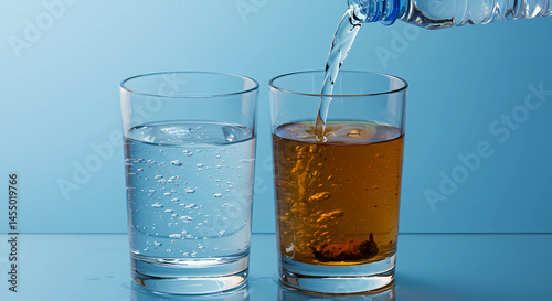 Two clear cups. The cup on the left is filled with clear water, and the cup on the right contains a cloudy brown liquid.