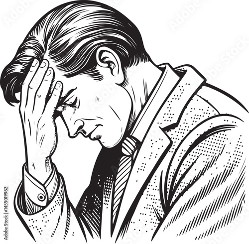 Facepalm Tired Man Headache Black and White Vector Illustration, Sketch Drawing Line Linear Symbol Icon Engraving, Hand-drawn Isolated