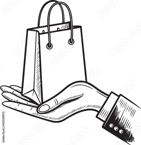 Hand Holding Shopping Bag Black and White Vector Illustration, Sketch Drawing Line Linear Symbol Icon Engraving, Hand-drawn Isolated