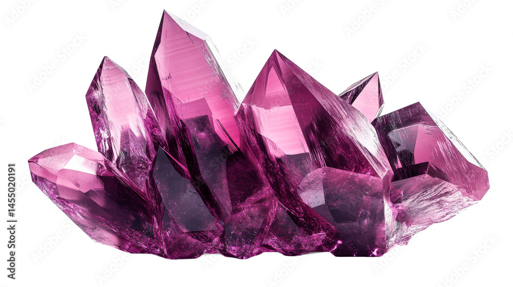 Quartz cluster of amethyst color crystals, close up shot, cut out transparent. Quartz cluster of amethyst color crystals, close up shot, cut out transparent.