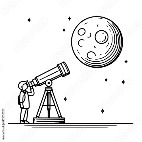 Person observing moon through telescope in starry night, single line outline vector  