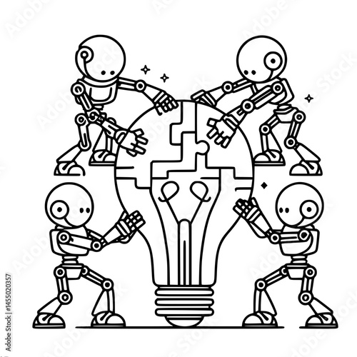 Wallpaper Mural Robots collaborating to hold a giant light bulb in a vector style , single line outline vector  Torontodigital.ca