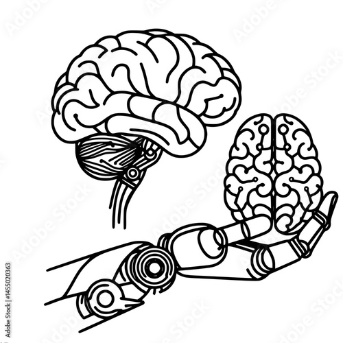 Robotic hand holding human brain in a vector outline style , single line outline vector 