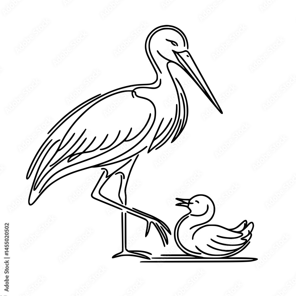 Obraz premium Stork and Duckling in a Single Line Outline Vector Style, single line outline vector