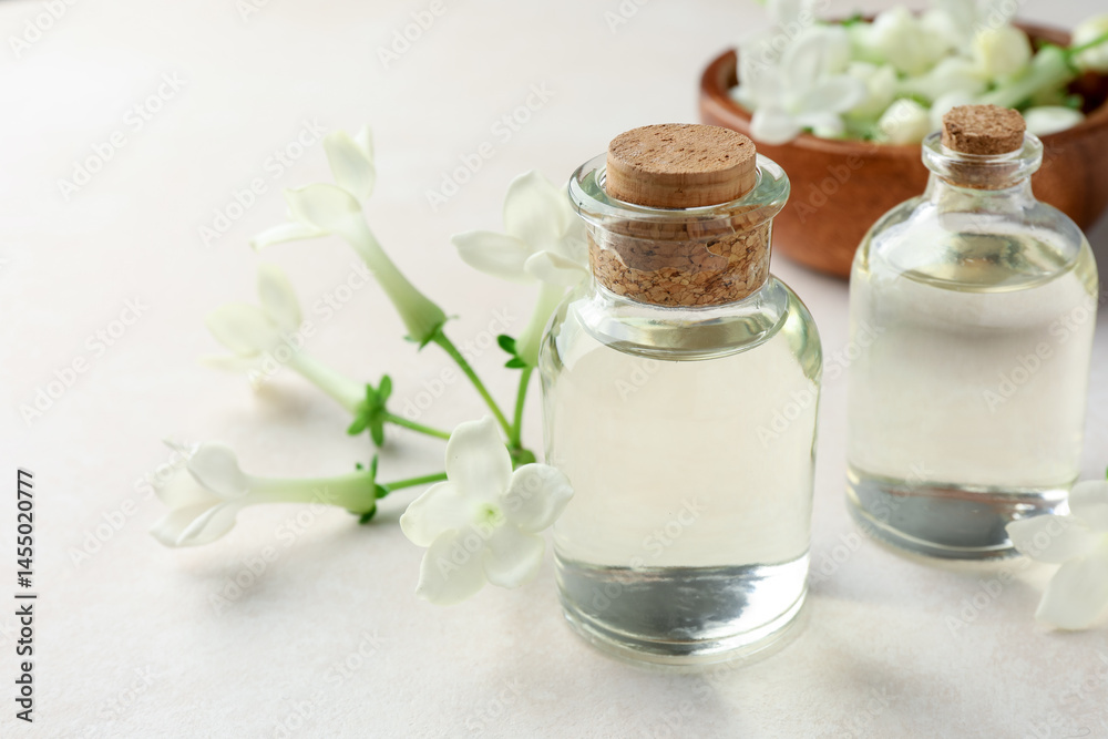 Bottles of essential oils and jasmine flowers on beige table, closeup Bottles of essential oils and jasmine flowers on beige table, closeup