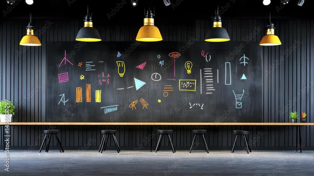 Creative workspace with chalkboard and stylish lighting