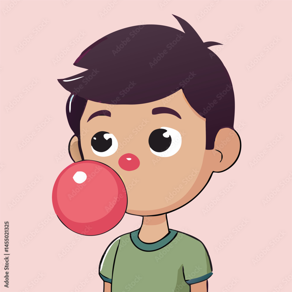 Obraz premium A cartoon boy inflates a pink bubble gum with a light pink background
