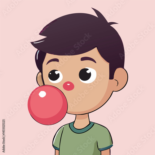 A cartoon boy inflates a pink bubble gum with a light pink background