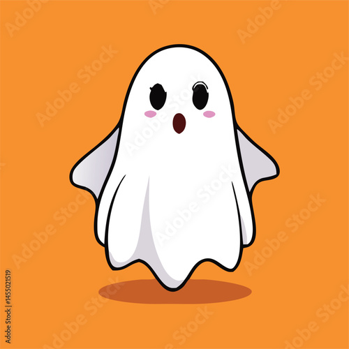 A cute white ghost with pink cheeks hovers on an orange background