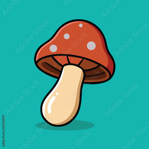 A delightful cartoon mushroom with a brown stem stands against a teal background