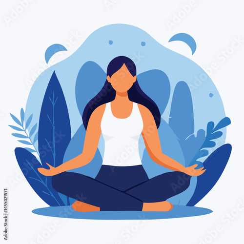 A faceless woman with dark hair meditates in the lotus pose against blue foliage