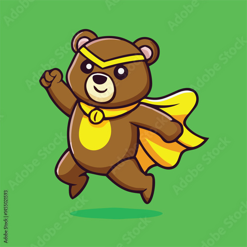 A heroic brown bear wearing a flowing yellow cape dashes against a vibrant green backdrop