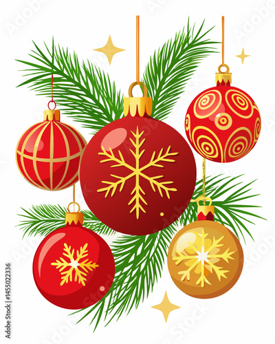 Red and Gold Christmas Ornaments Hanging on Pine Branches.