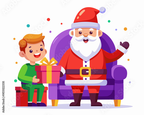 Happy Boy Receiving Christmas Gift from Santa Claus