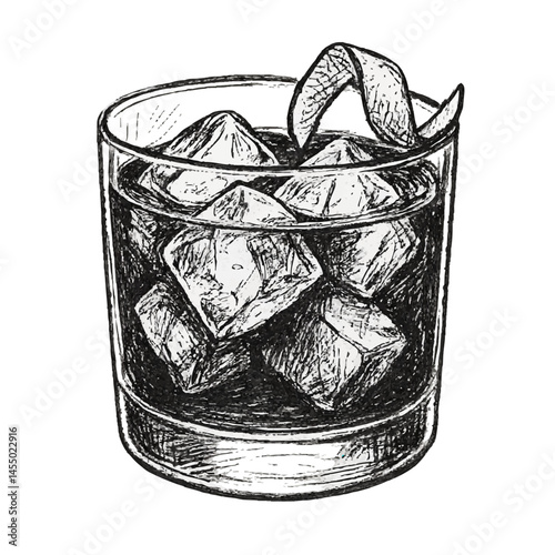 Negroni cocktail in a glass vector illustration in sketch style. Alcoholic summer drink with ice drawing for bar and menu. Shaded image of beverage on isolated background.