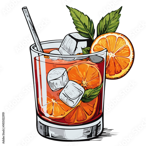 Negroni cocktail in a glass vector color illustration in sketch style. Alcoholic summer drink with ice drawing for bar and menu. Shaded image of beverage on isolated background.