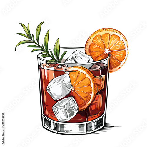Negroni cocktail in a glass vector color illustration in sketch style. Alcoholic summer drink with ice drawing for bar and menu. Shaded image of beverage on isolated background.