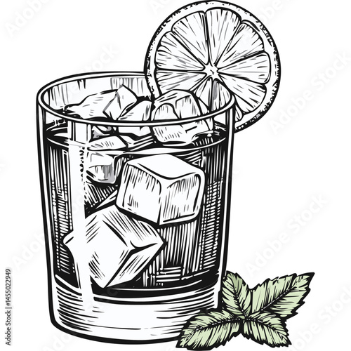 Negroni cocktail in a glass vector illustration in sketch style. Alcoholic summer drink with ice drawing for bar and menu. Shaded image of beverage on isolated background.