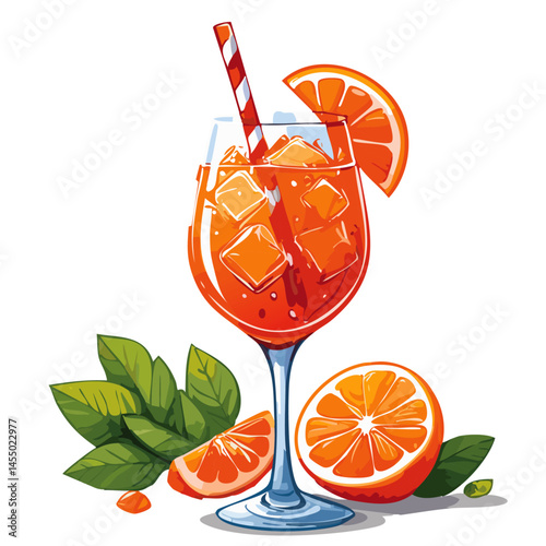 Aperol spritze cocktail vector illustration. Image of summer refreshing alcoholic drink in a glass with ice. Traditional Italian aperitif for bar and menu.