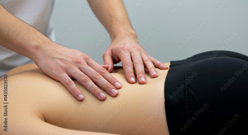 Obraz premium Male masseur giving a lower back massage to a woman in a professional setting, therapeutic treatment for pain relief and muscle relaxation in a clinic or spa.