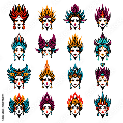 Set of 16 ornate tribal feminine faces with flame hair and crowns for bold t-shirt prints (13)