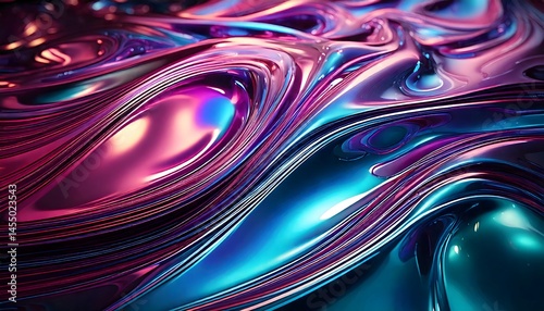 Futuristic chrome surface with swirling electric colors and high-gloss reflections