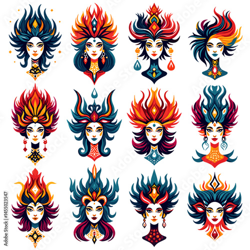 Set of 16 ornate tribal feminine faces with flame hair and crowns for bold t-shirt prints (5)