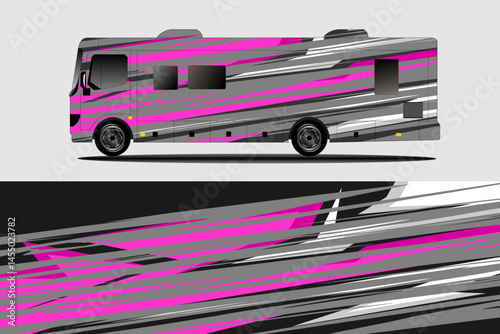 Colorful RV with Dynamic Stripes on a Neutral Background