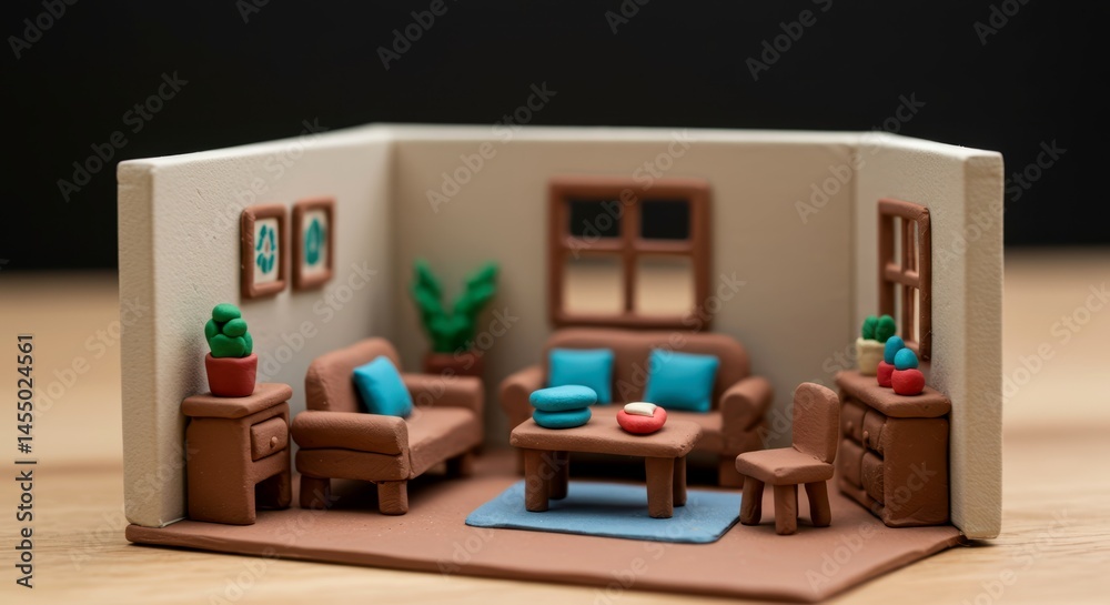 Fototapeta premium Miniature living room model crafted from clay. Handmade dollhouse interior scene. Small scale furniture arrangement for creative projects and hobby concepts.