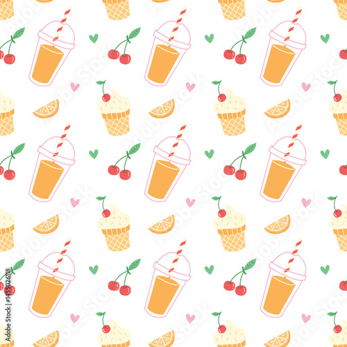 Seamless Summer Pattern with Ice Cream, Juice and Fruits on White Background