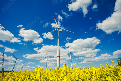 Obraz na płótnie Wind turbine field. Wind turbines generating energy against a clear blue sky. Wind turbines generating clean renewable energy in a rural field. w salonie