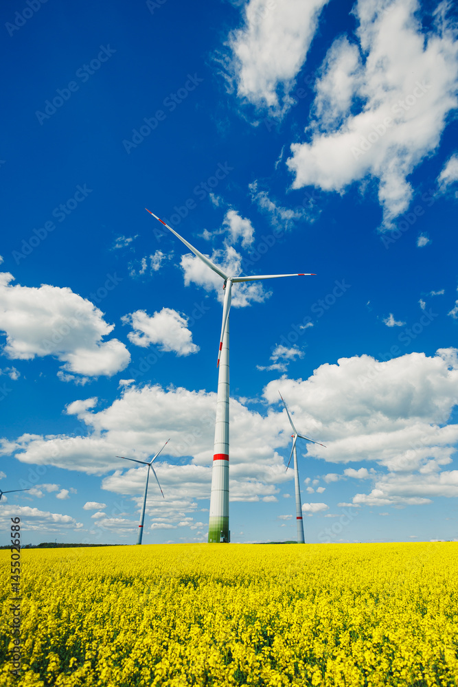 Wind energy generation using windmills. Electricity is produced by a wind turbine against a blue sky background. Energy production in a windy green area. Ecological energy production