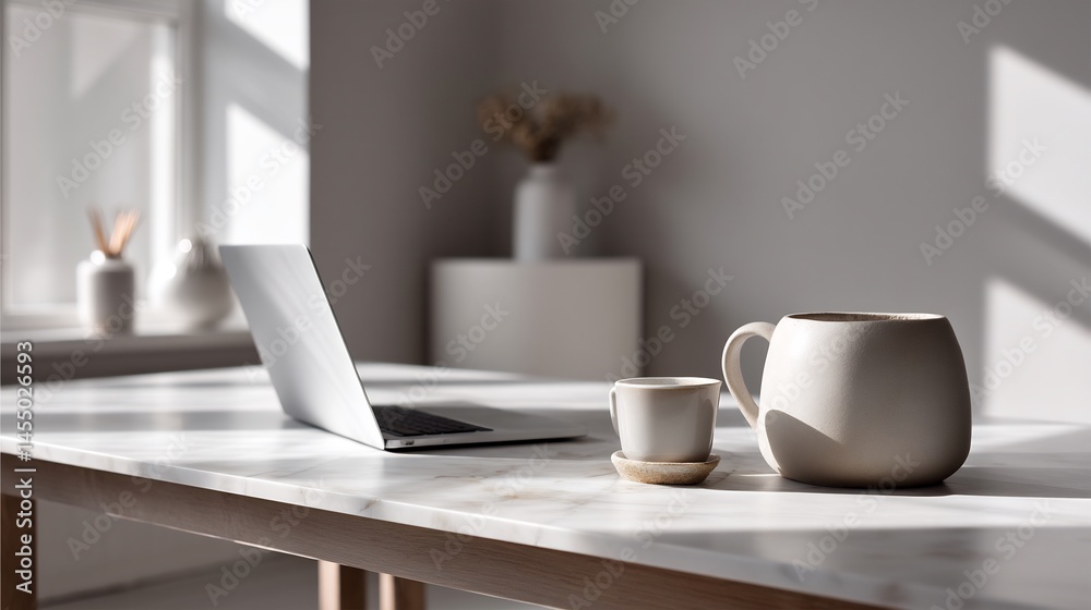 Minimalist workspace featuring a laptop, coffee, and warm sunlight for productivity Minimalist workspace featuring a laptop, coffee, and warm sunlight for productivity