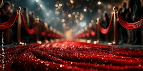 Elegant red carpet leading to a glamorous event with guests and twinkling lights in the evening