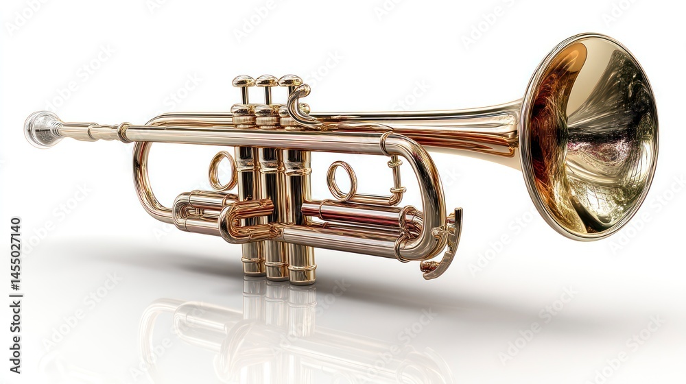 Obraz premium Golden Trumpet Instrument with Reflective Surface and Detailed Design for Music Themes