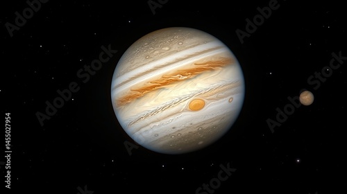 Stunning jupiter planet image with detailed atmosphere and moon gas red sky dark space stars giant