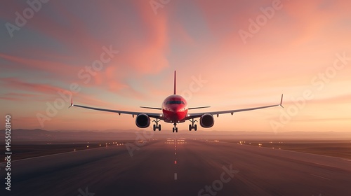 Red Airplane Landing at Sunset