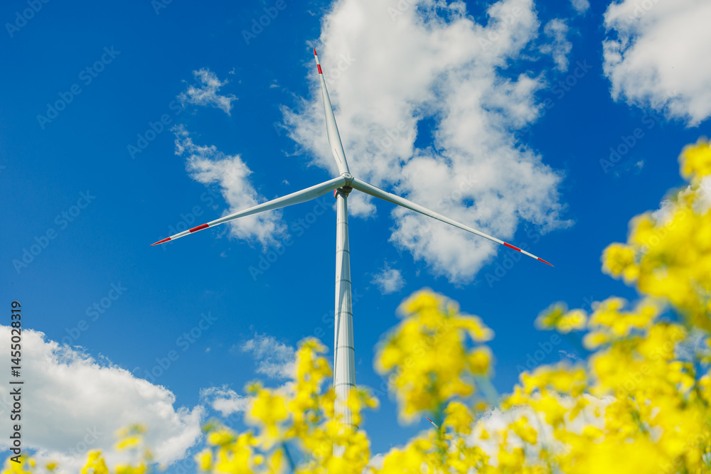 Wind turbine field. Wind turbines generating energy against a clear blue sky. Wind turbines generating clean renewable energy in a rural field.