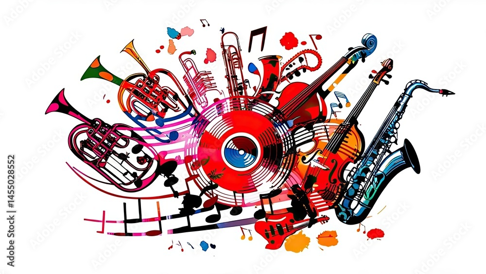 Fototapeta premium Musical Background Featuring Various Colorful Instruments: Guitar, Trumpet, Piano Keys, Musical Notes, and Vinyl Record Disc, Creating a Vibrant and Harmonious Composition. 