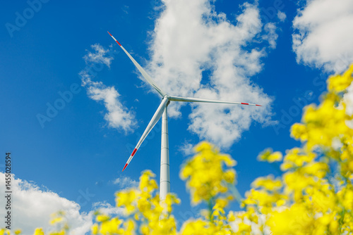 Obraz na płótnie Ecological energy generation by windmills from the wind. Windmill field. Wind turbines generating energy against a clear blue sky. Wind turbines generating clean renewable energy in a rural field. w salonie