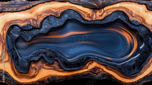 Intricate wood slice design with resin and dark hues.