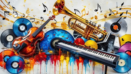 Musical Background Featuring Various Colorful Instruments: Guitar, Trumpet, Piano Keys, Musical Notes, and Vinyl Record Disc, Creating a Vibrant and Harmonious Composition.	

