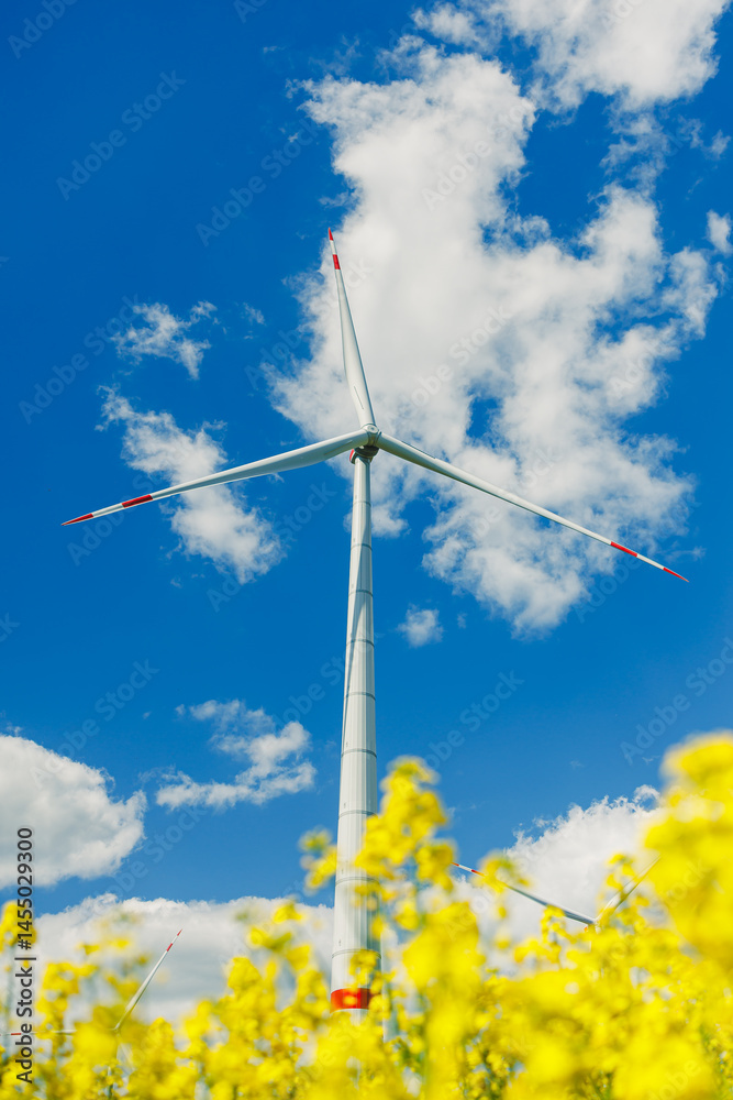 Ecological energy generation by windmills from the wind. Windmill field. Wind turbines generating energy against a clear blue sky. Wind turbines generating clean renewable energy in a rural field.