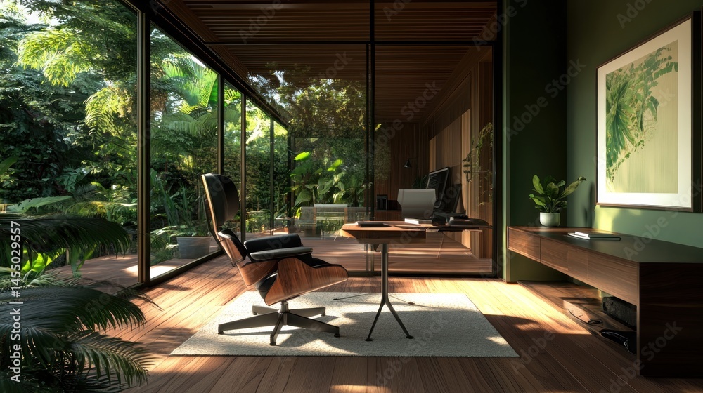 Fototapeta premium Tranquil modern home office with lush garden views.