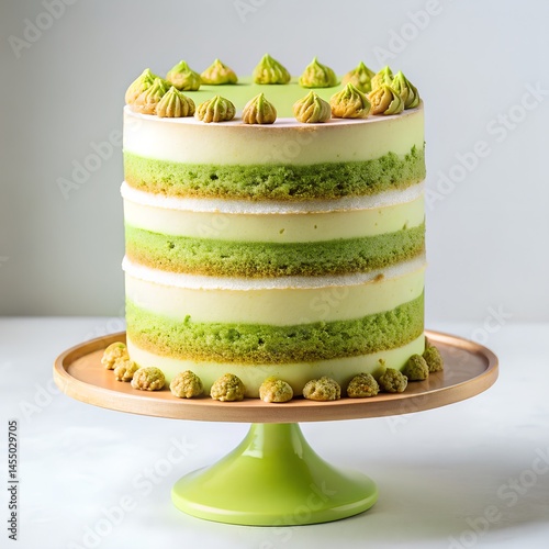 tall triple layer pistachio cake on white background 