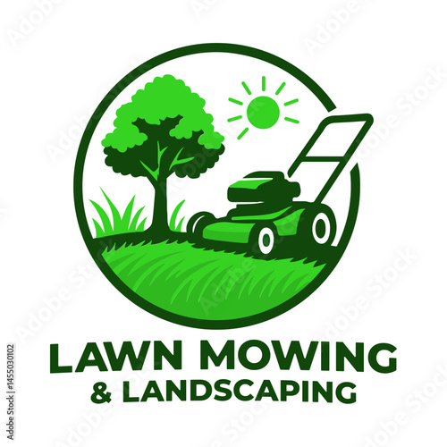 Lawn Mowing Lawn Care Landscaping Logo Design Illustration Clip Art Icon outdoor maintenance grass cutting mower worker for business yard work lawn mower bold