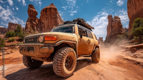 FJ Cruiser Navigating a Dusty Canyon Landscape with Vibrant Red Rocks