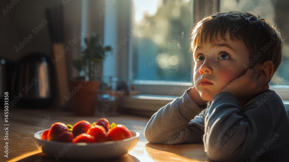 A Curious Boy Contemplating Life, Surrounded by Fresh Strawberries on a Kitchen Table by the Window A Curious Boy Contemplating Life, Surrounded by Fresh Strawberries on a Kitchen Table by the Window
