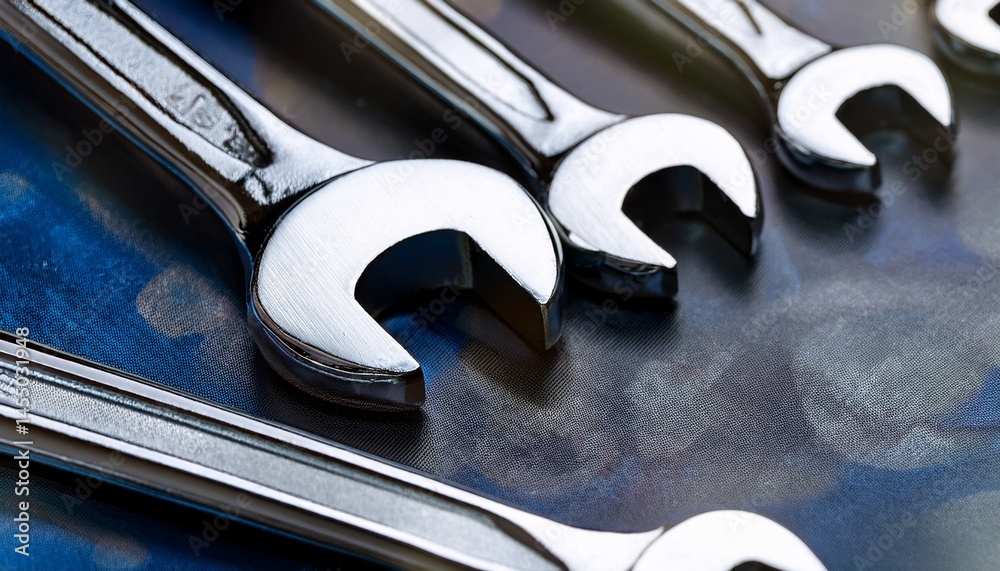 Fototapeta premium a close up view of shiny metal wrenches arranged on a textured surface showcasing tools for repair and maintenance tasks
