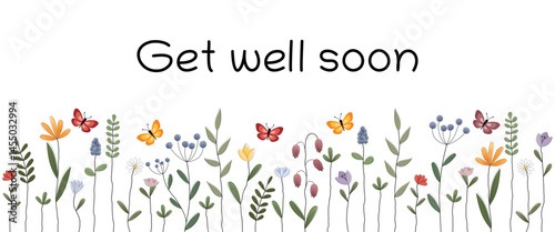 Get well soon - Schriftzug in englischer Sprache - Gute Besserung. Grußkarte mit bunten Blumen und Schmetterlingen. 